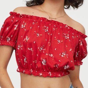 H&M Red Off-the-shoulder Floral Crop Top
